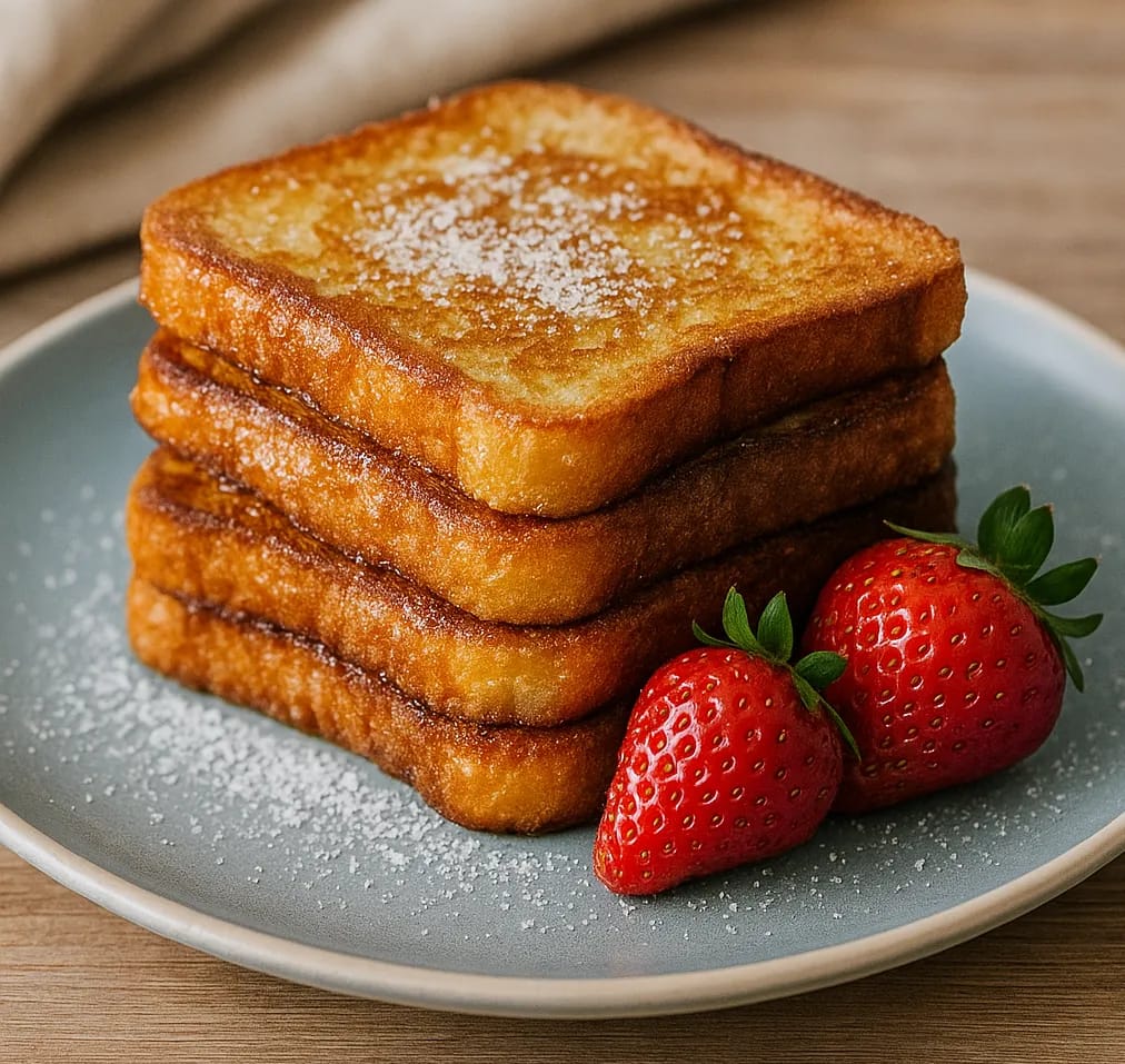 Arme Ritter als Rezept zur Resteverwertung von altem Brot, serviert mit Erdbeeren