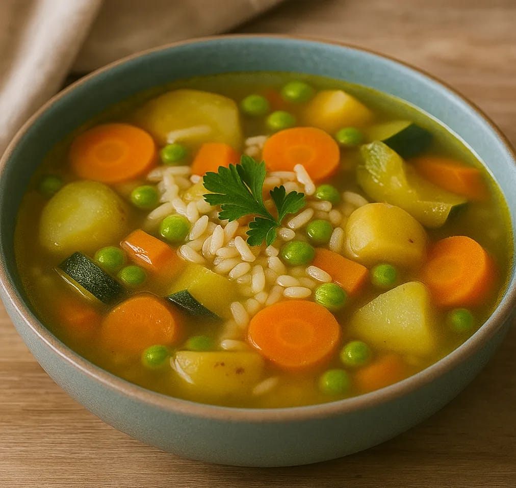 Gemüsesuppe mit Kartoffeln, Karotten und Erbsen – zubereitet aus Gemüseresten