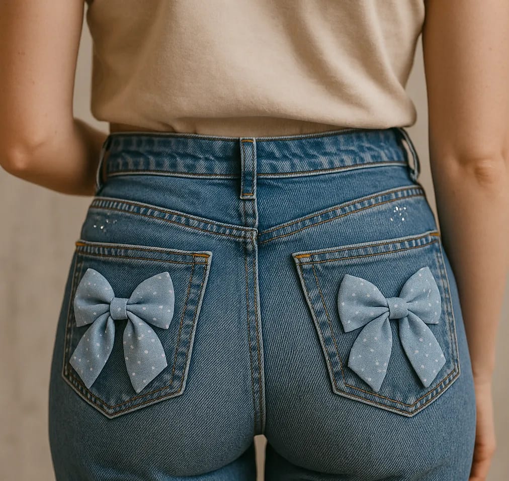 Jeans mit Schleifenpatches auf den Gesäßtaschen als Upcycling-Idee