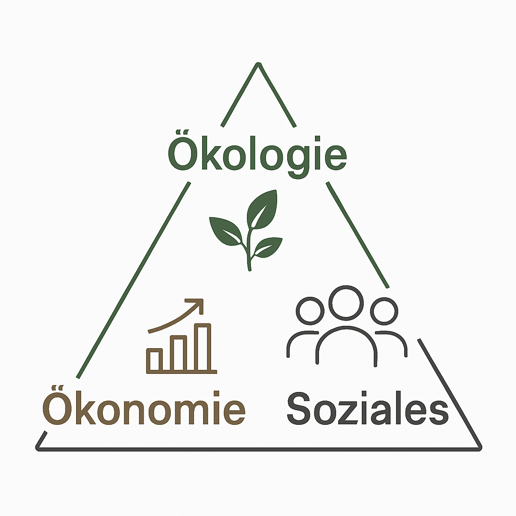 Grafik zeigt das Nachhaltigkeitsdreieck mit den drei Säulen Ökologie, Ökonomie und Soziales. Jede Säule ist mit einem Symbol dargestellt: Blatt für Umwelt, Balkendiagramm für Wirtschaft und Personen-Icon für Gesellschaft.