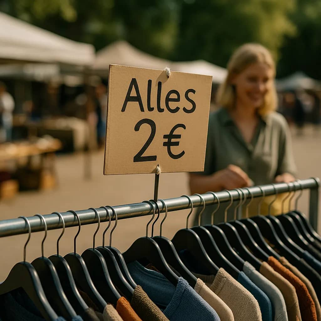 Flohmarktstand mit Kleidung und gut sichtbarem 2-Euro-Schild