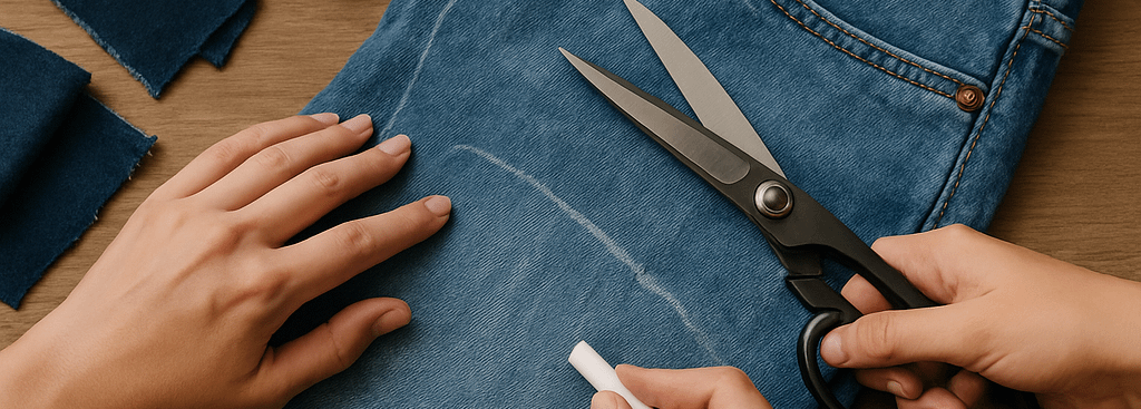 Upcycling-Vorbereitung mit Schere und Kreide auf Jeansstof