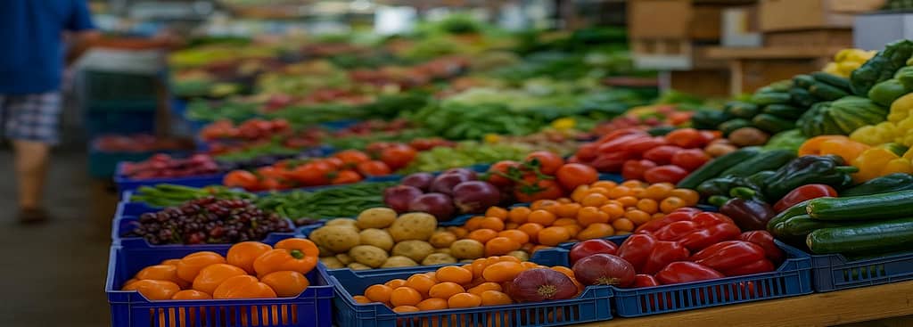 Frisches Obst und Gemüse auf einem Wochenmarkt – Symbolbild für nachhaltige Ernährung und gerettete Lebensmittel beim Foodsharing.