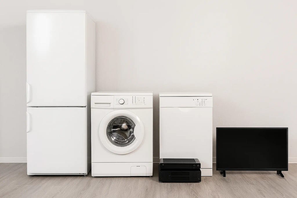 Kühlschrank, Waschmaschine, Geschirrspüler und Fernseher – typische Stromfresser im Haushalt, die beim Energie sparen eine große Rolle spielen