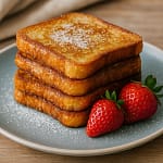 Arme Ritter als Rezept zur Resteverwertung von altem Brot, serviert mit Erdbeeren