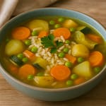 Gemüsesuppe mit Kartoffeln, Karotten und Erbsen – zubereitet aus Gemüseresten
