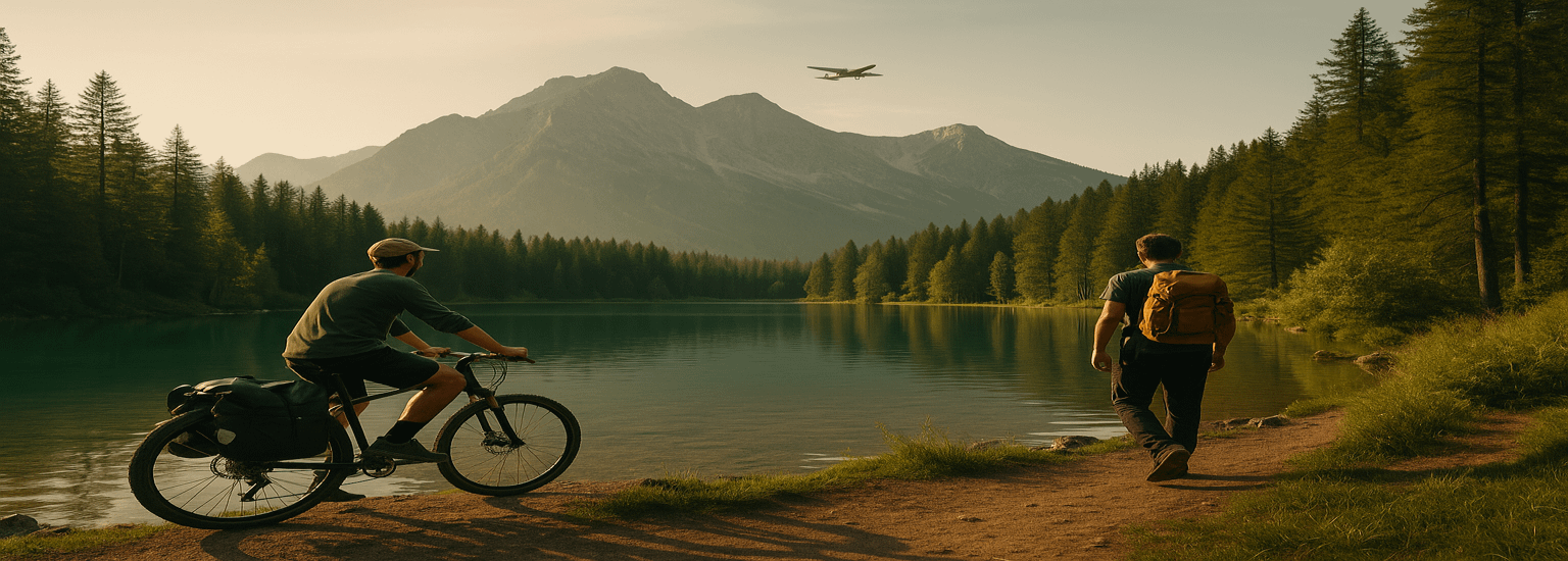 Zwei Reisende unterwegs mit Fahrrad und Rucksack an einem Bergsee – Symbol für umweltfreundlich reisen in der Natur