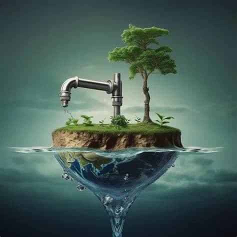 Symbolbild für Wasser sparen: Tropfender Wasserhahn auf schwimmender Insel mit Bäumen – globale Verantwortung visualisiert