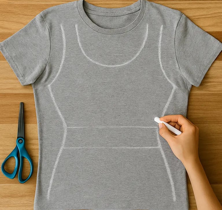 Vorbereitung zum Upcycling eines T-Shirts zu einem figurbetonten Top