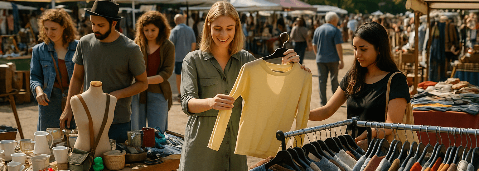 Menschen auf einem Flohmarkt beim Stöbern durch gebrauchte Kleidung